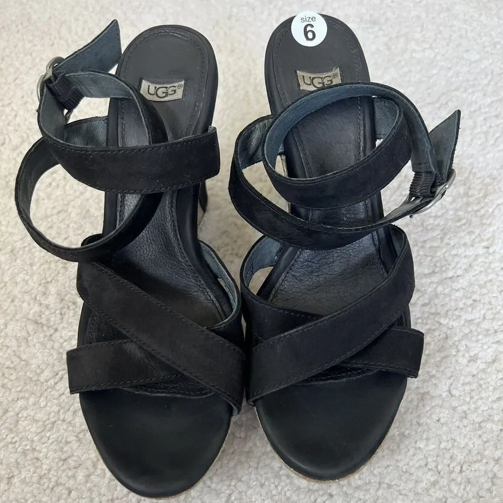 UGG  Ariah Black Suede Nubuck‎ Snake Wedge Platform Sandals Women Size 7
